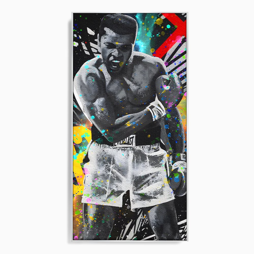 Tablou canvas cu tablou canvas cu muhammad ali in alb si negru, in rama de aluminiu argintiu